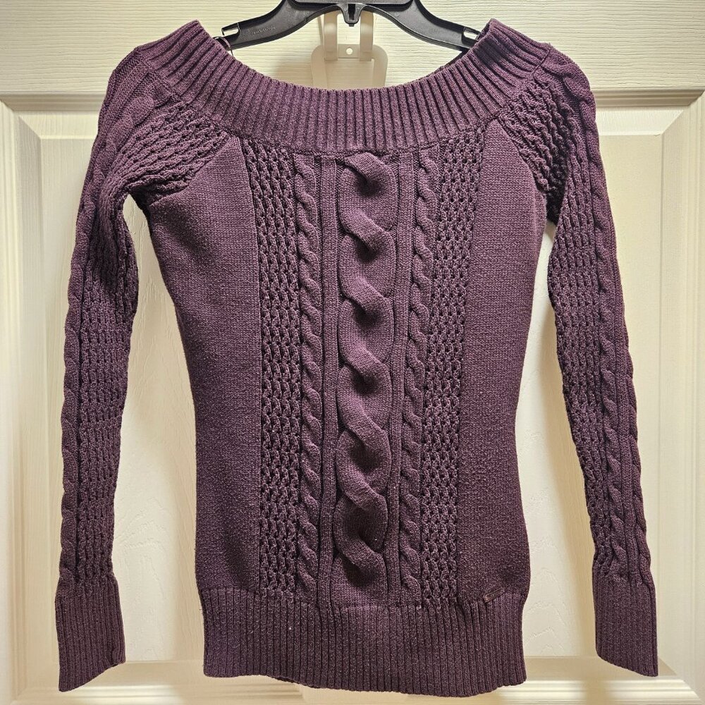Guess Cable Knit Plum Off the Shoulder Sweater